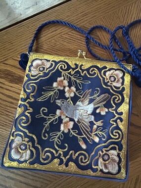 Vintage Blue Satin Embroidered Bird & Cherry Blossom Crossbody